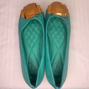 Tory Klein Ballet Flats Size 8 Round Toe Shoes Teal w Brown Buckle